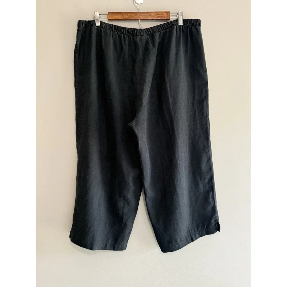 Tahari 100% Linen Pants Wide Leg Black Crop Pull On Beach Lagenlook Classic - Picture 7 of 14